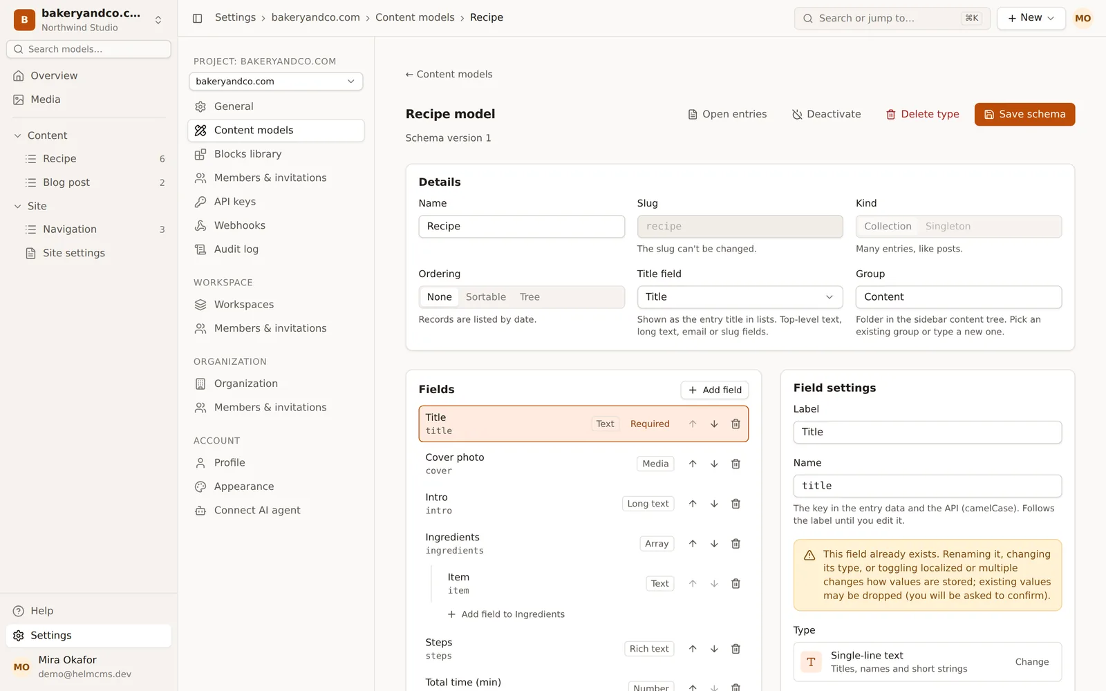 HelmCMS admin: the Recipe model with its fields and field settings