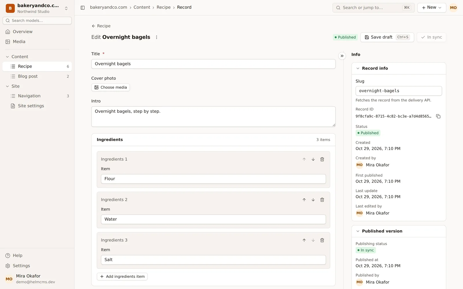 HelmCMS admin: editing a recipe record with its fields and the Info panel