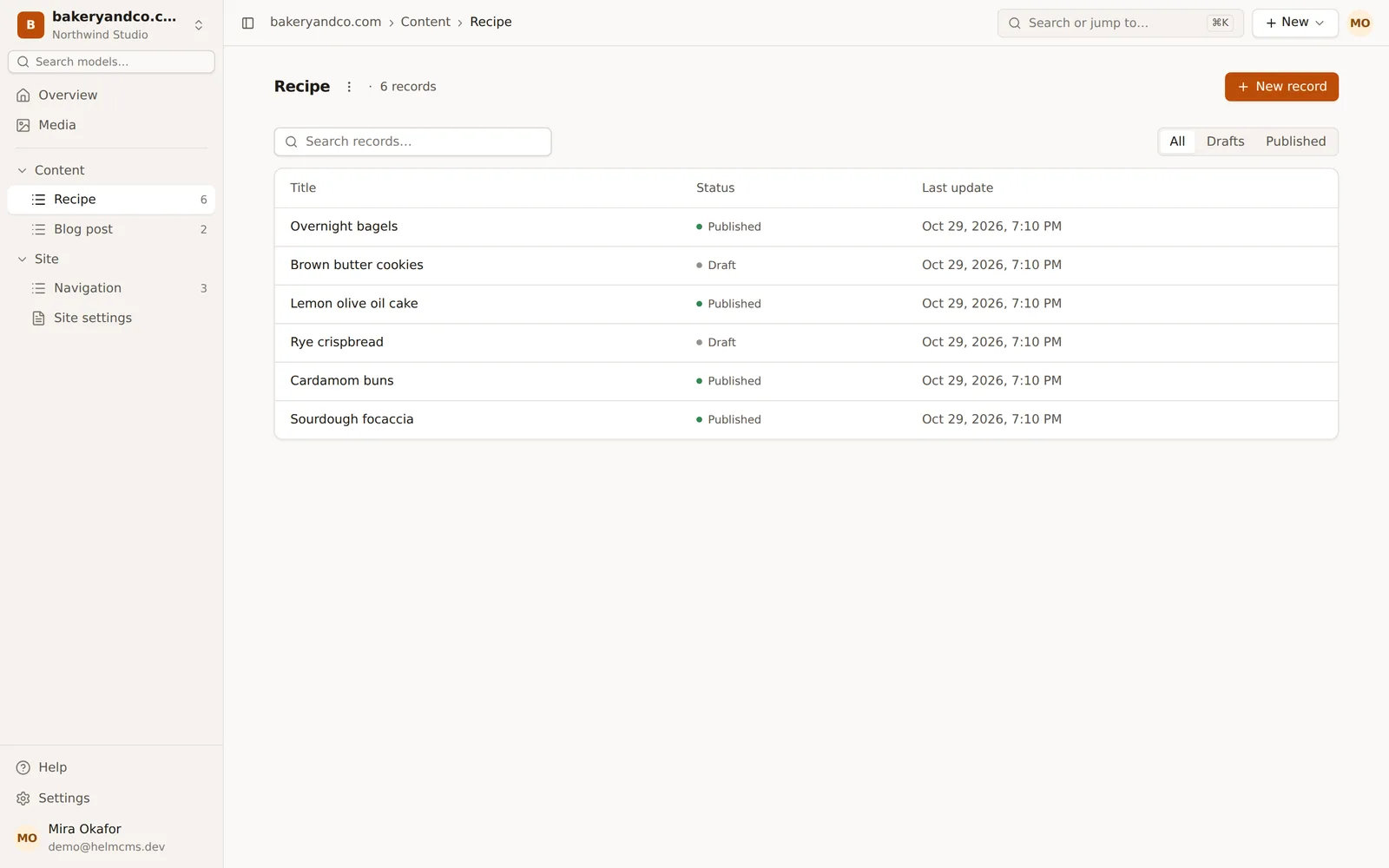 HelmCMS admin: recipe records with draft and published status